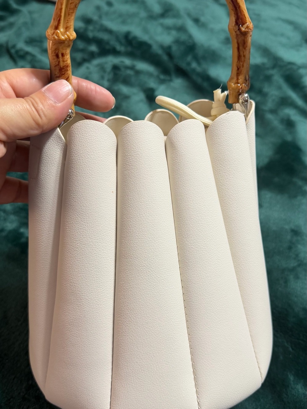 Cream Bamboo-Handle Sculpted Bucket Shoulder Bag